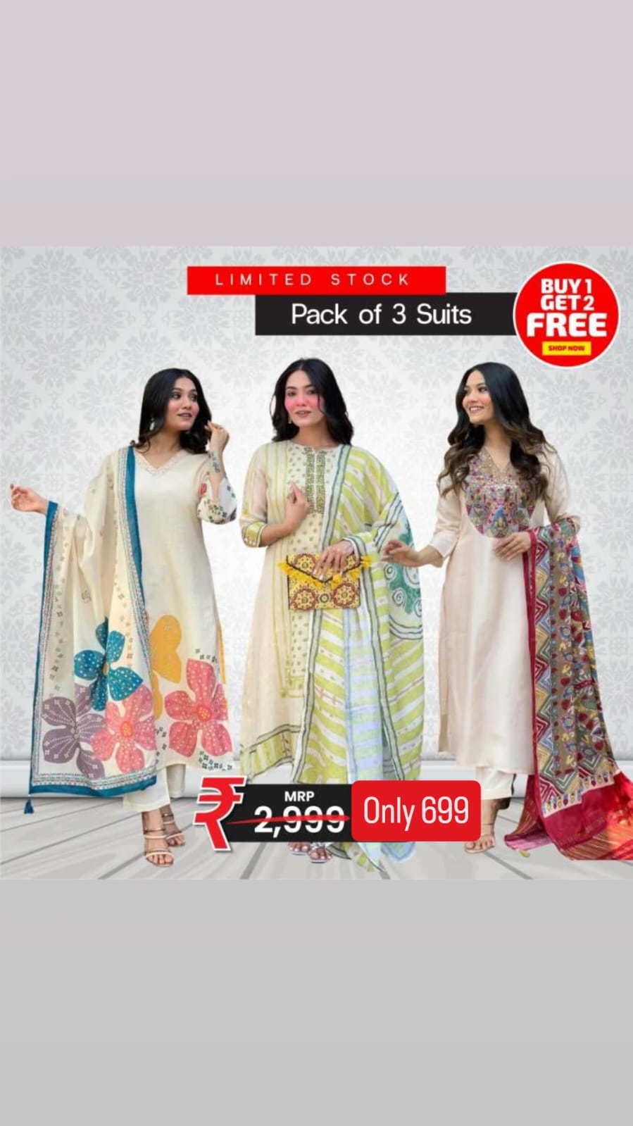 Pack of 3 Suits  Pink, Navy Blue & Mustard Yellow